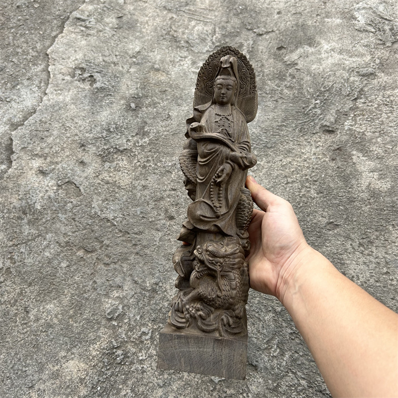 越南沉香木雕御龙观音菩萨佛像摆件实木雕刻家用玄关装饰祥龙观音