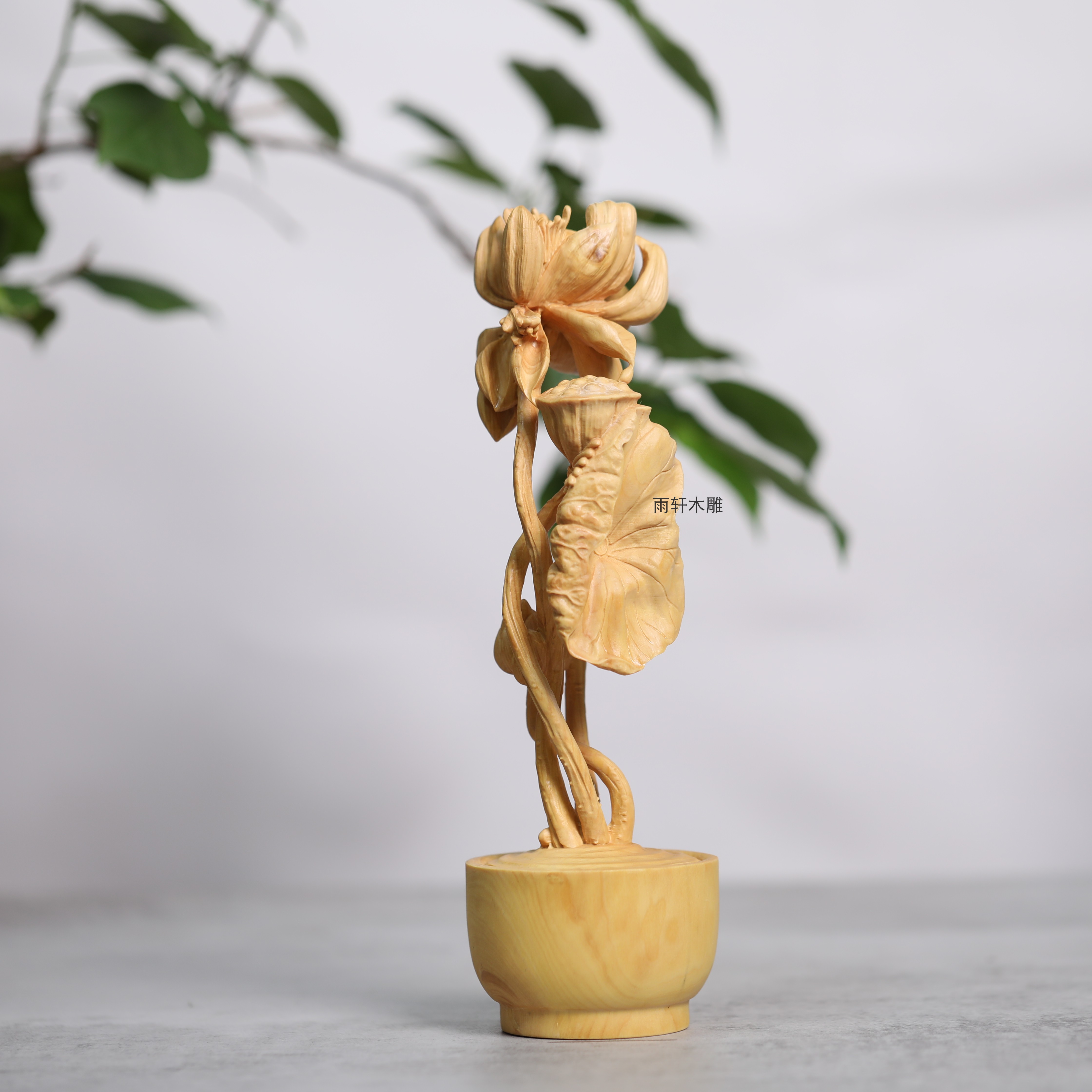 小叶黄杨木雕盆栽莲花莲蓬摆件