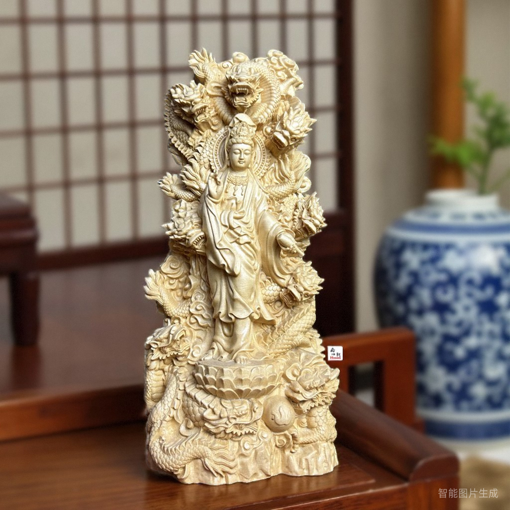 正宗桧木木雕九龙观音佛像摆件