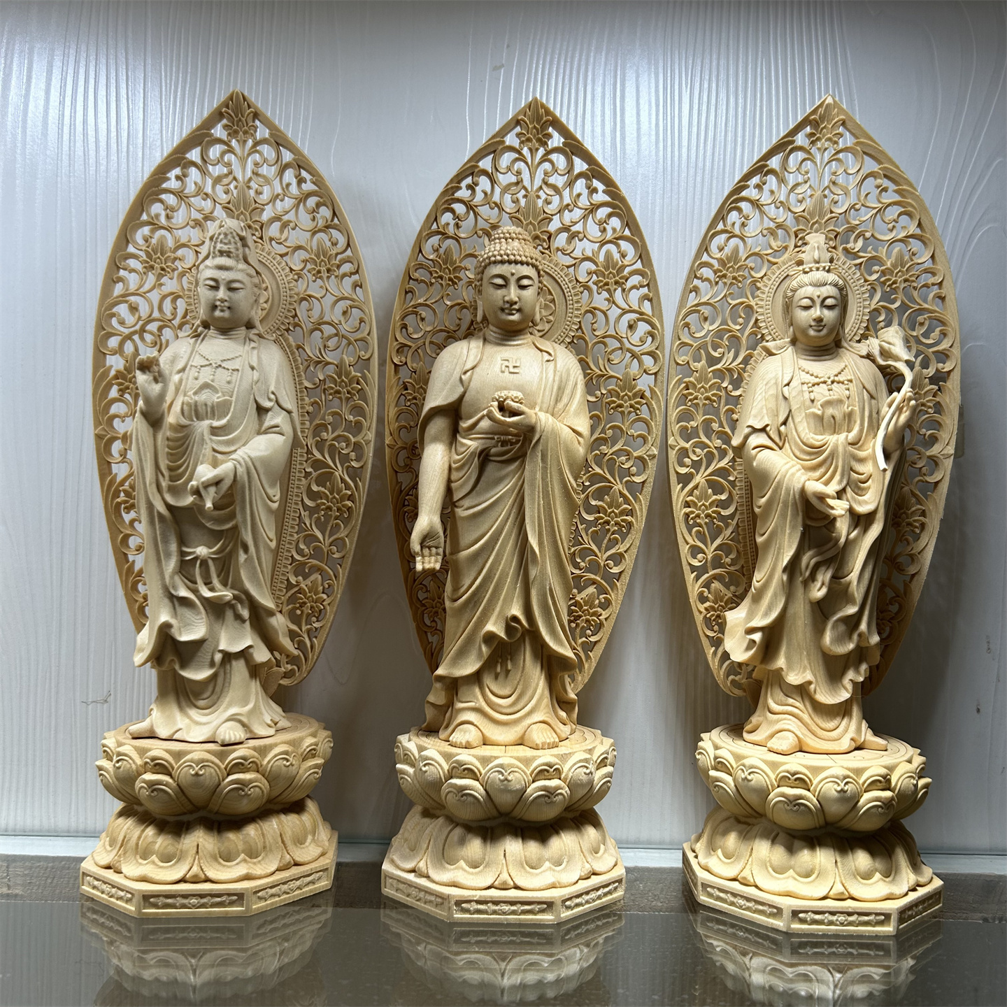 桧木木雕西方三圣佛像摆件阿弥陀佛观音大势至菩萨家居供奉装饰品