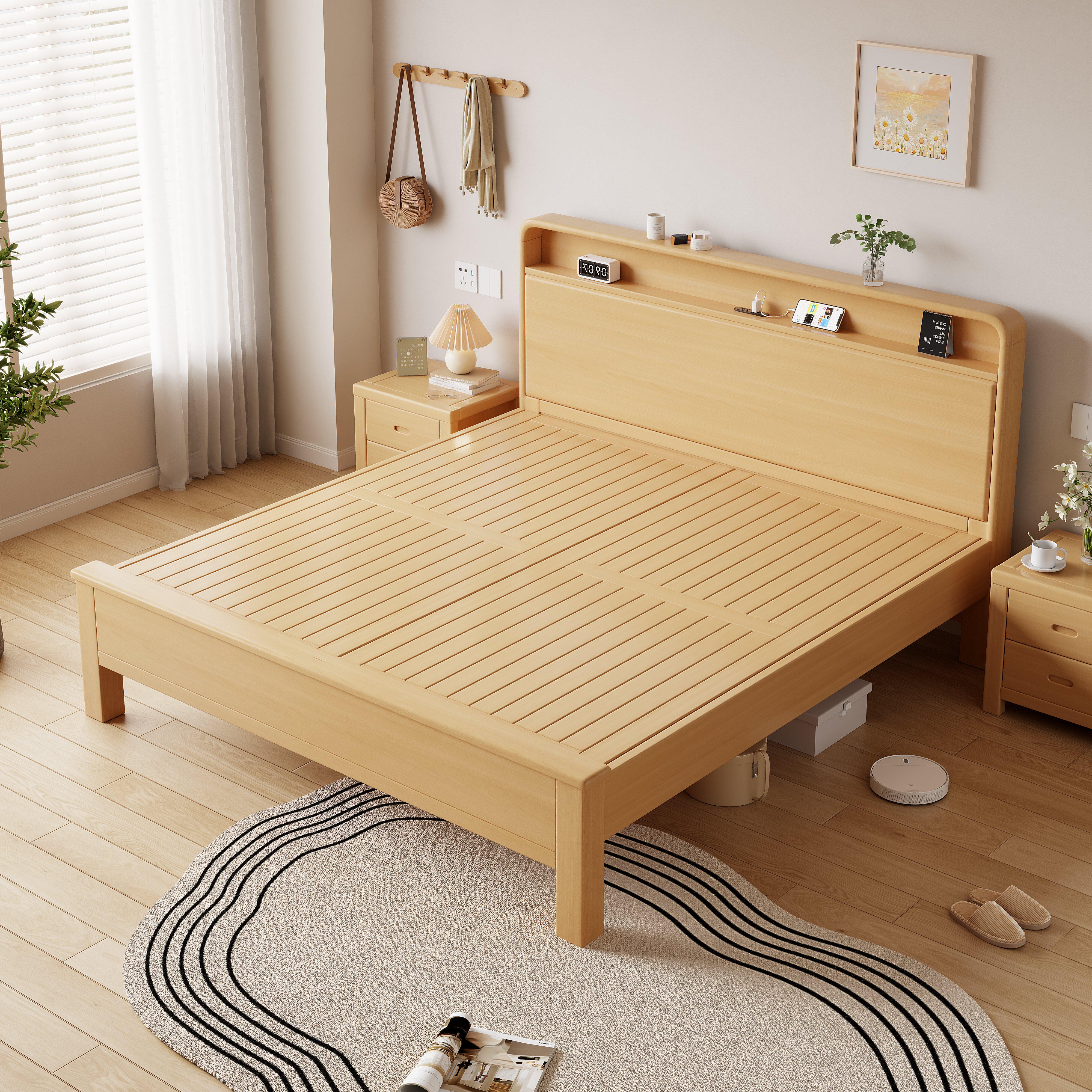 北欧榉木全实木床1.8米中式主卧双人床1.5单人床现代简约工厂直销