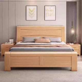 榉木实木床1.8米中式主卧双人床简约现代1.5米单人高箱储物床婚床