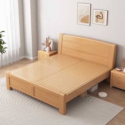 现代简约榉木实木床1.8米中式双人床原木1.5单人床工厂直销储物床