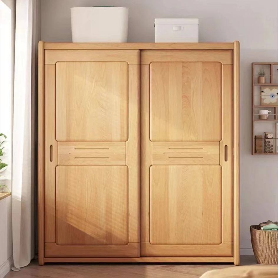 榉木衣柜轻奢原木色简约家用1.8米开门衣柜卧室外开门衣橱收纳柜