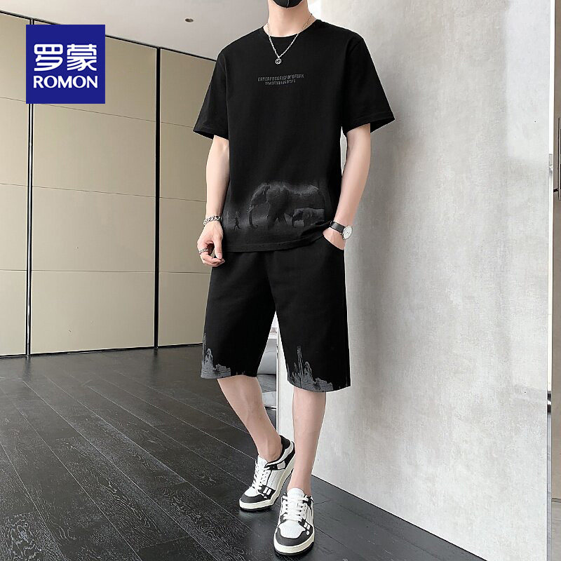 罗蒙休闲运动套装男士夏季2026新款薄款圆领短袖t恤搭配短裤一套