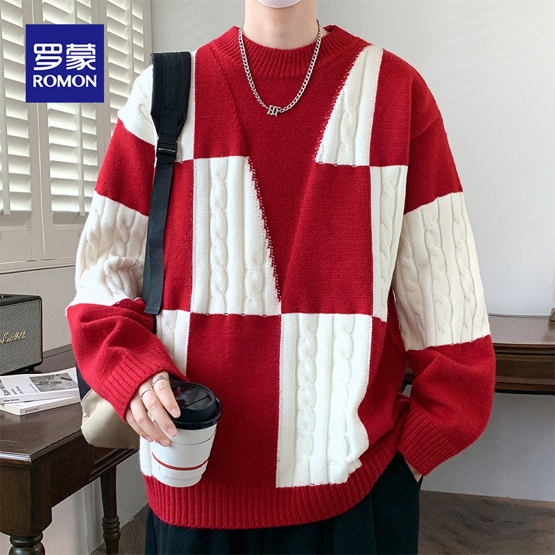 罗蒙红色毛衣男士冬季加绒加厚休闲保暖线衣本命年圆领打底针织衫