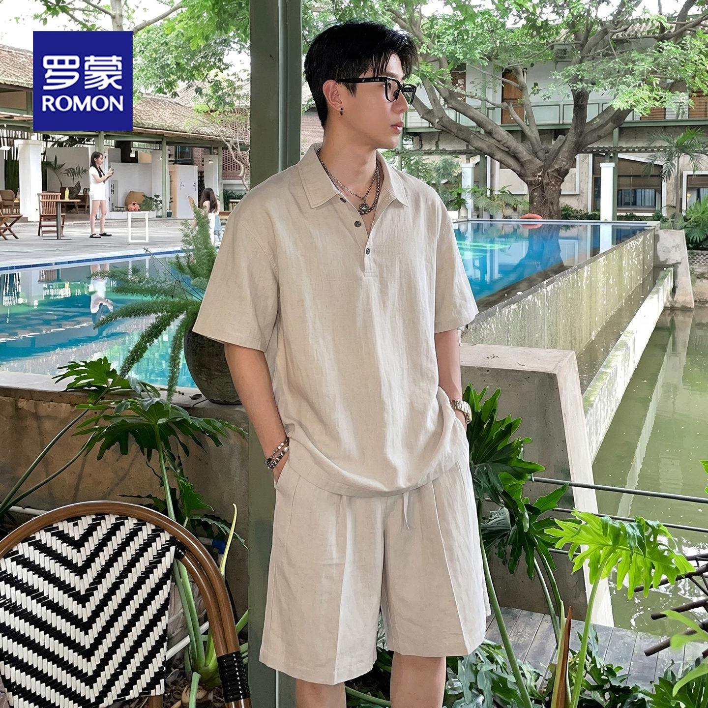 罗蒙天丝亚麻短袖套装男士夏季薄款冰丝Polo衫短裤休闲运动两件套