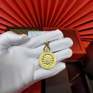 老铺古法黄金包银满钻太阳花罗盘黄金吊坠女镂空向日葵挂坠项链礼