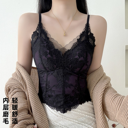 秋冬磨毛内衣蕾丝吊带美背背心