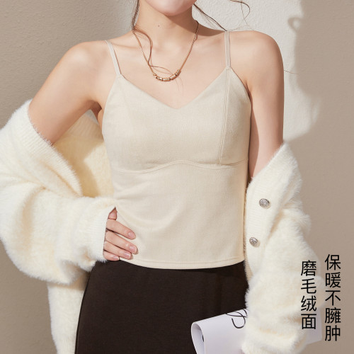 绒面女士吊带背心保暖带胸垫上衣