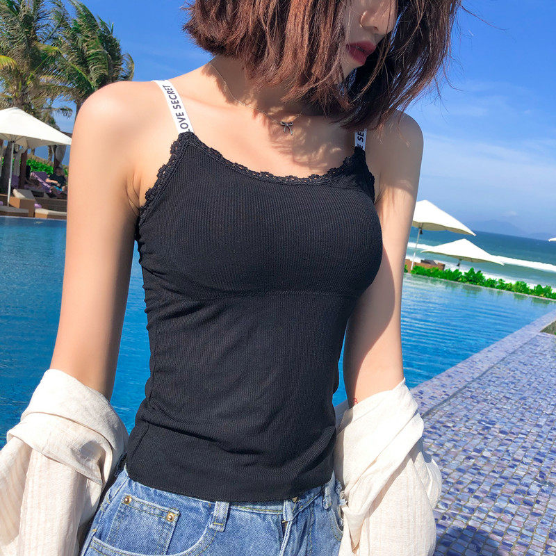 美背字母吊带背心女黑色春夏新款内搭修身带胸垫打底抹胸外穿上衣