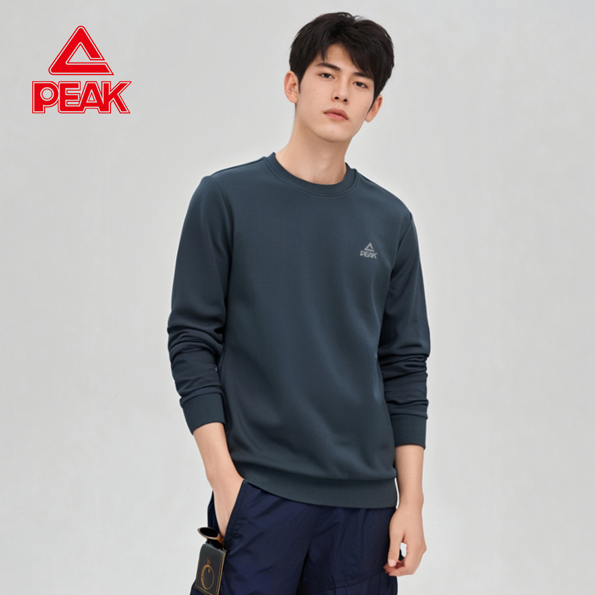 匹克圆领卫衣男2025春秋新款青少年黑色套头打底衫宽松纯色上衣