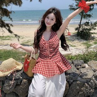 2025甜美V领格子吊带背心女夏季 宽松上衣 设计感衬衫 娃娃衫