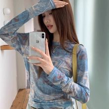 复古扎染印花薄款网纱T恤女春夏设计感小众防晒罩衫别致chic上衣