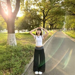 褲 休閑闊腿夏季 子拼接休閑褲 寬松九分褲 子潮 西裝 今年流行慵懶風(fēng)格