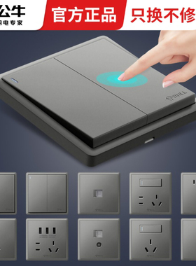 公牛带开关按钮插座墙壁电源双开单控双控86面板暗装G36灰色开关