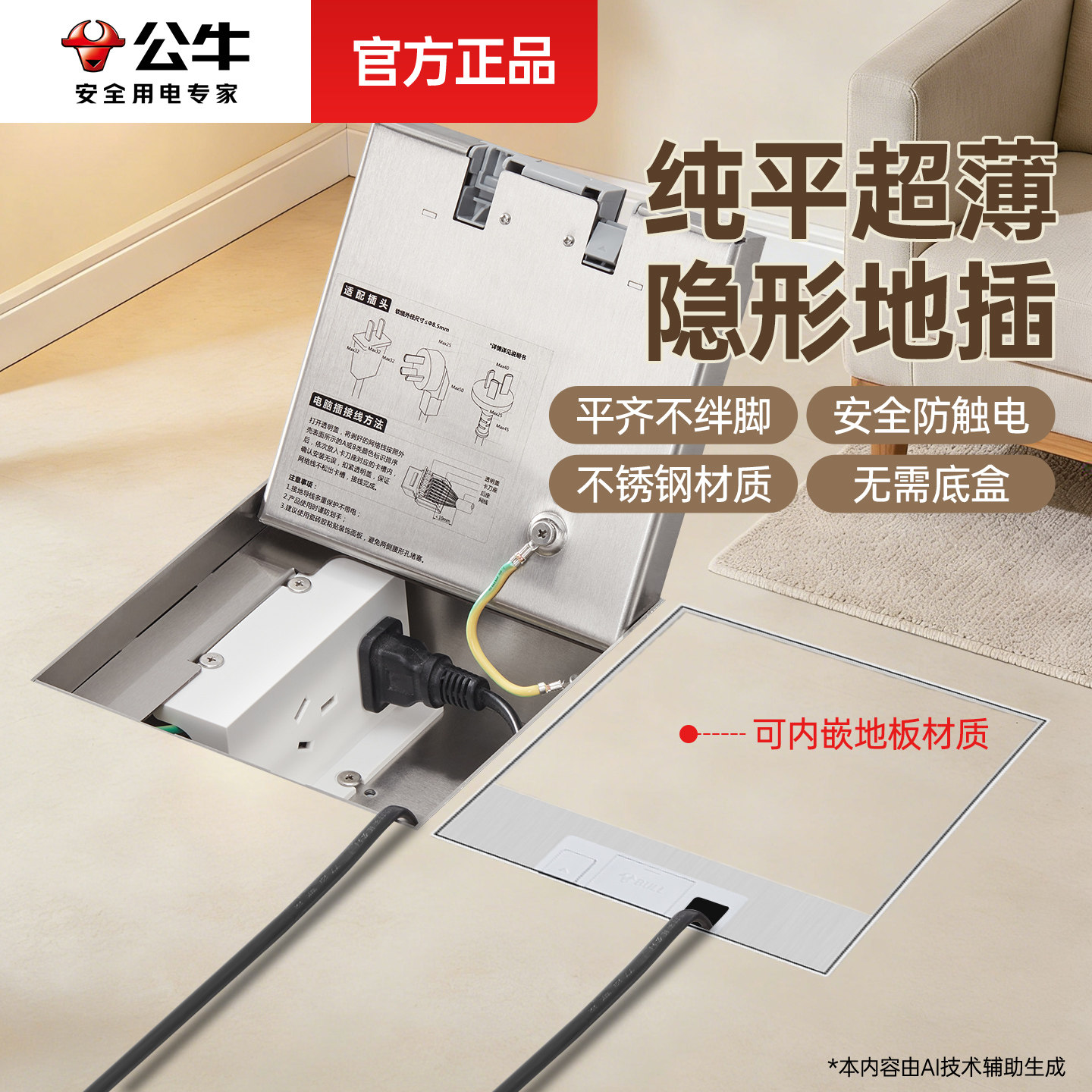 公牛地插座隐形嵌入式隐藏地面地板纯平家用装饰超薄排水暗装暗藏