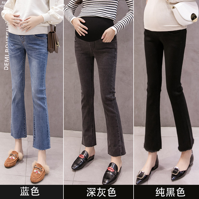 孕妇裤春秋新款托腹微喇叭牛仔裤弹力大码冬装加绒外穿怀孕期长裤