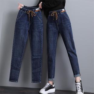 子 宽松显瘦高腰松紧腰哈伦老爹萝卜裤 加绒牛仔裤 女2025年秋冬新款