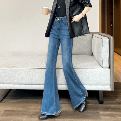 加绒高腰微喇牛仔裤女厚