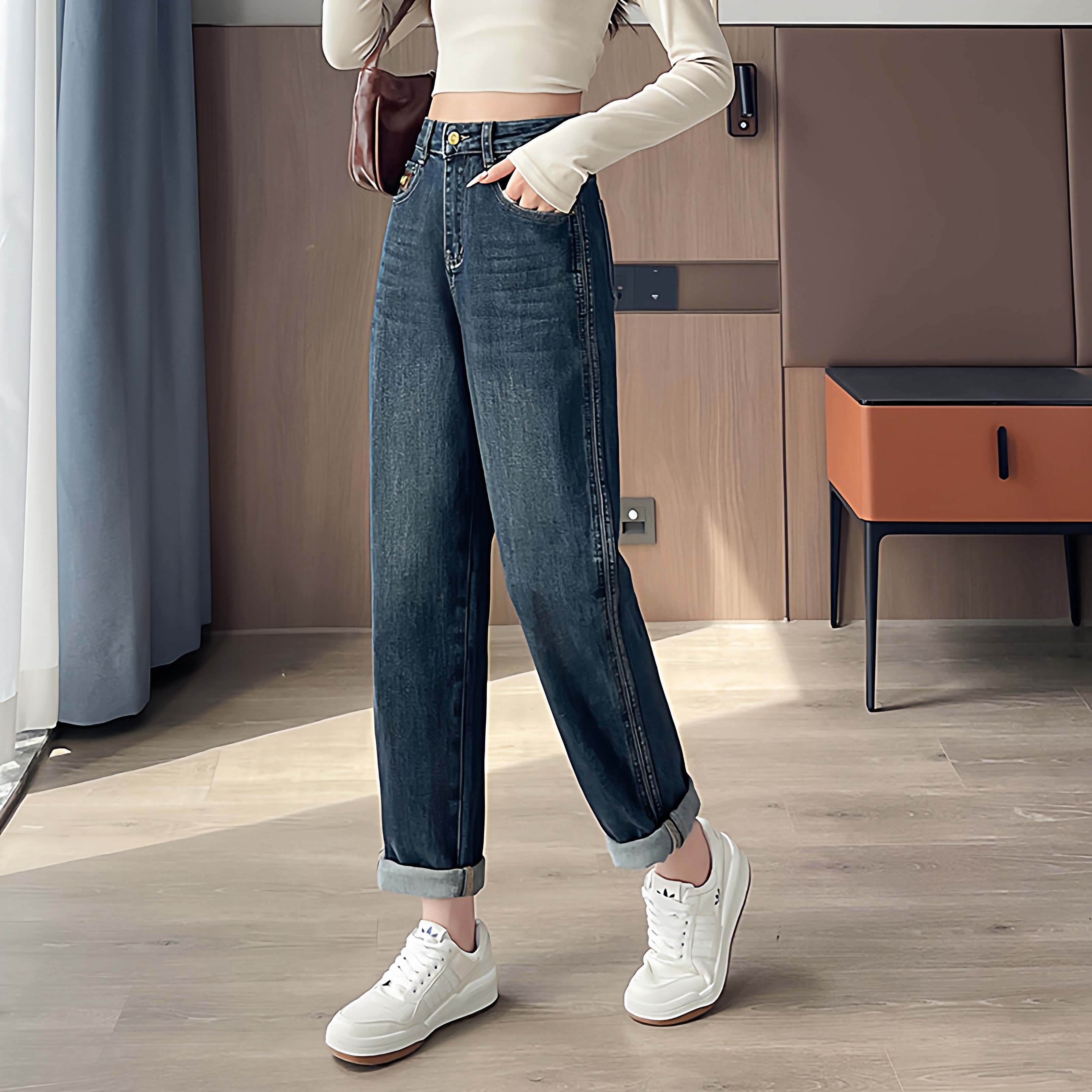 牛仔裤女秋冬高腰宽松显瘦哈伦裤春秋深色大码腿粗拼接休闲老爹裤,女装/女士精品,牛仔裤,淘宝优惠券,粉丝福利购,淘宝优惠卷