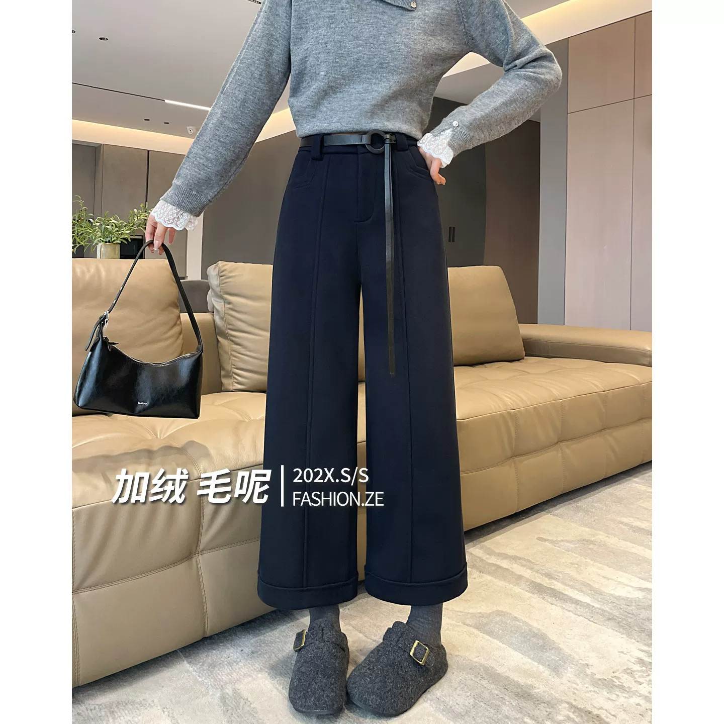 蓝色九分毛呢直筒裤女2026秋冬新款加厚加绒小个子宽松阔腿直筒裤