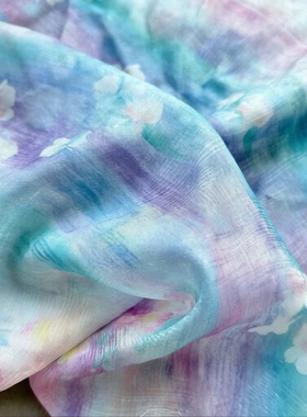 春夏紫色梦幻渐变印花面料汉服布料手工发圈布料小尺寸布头