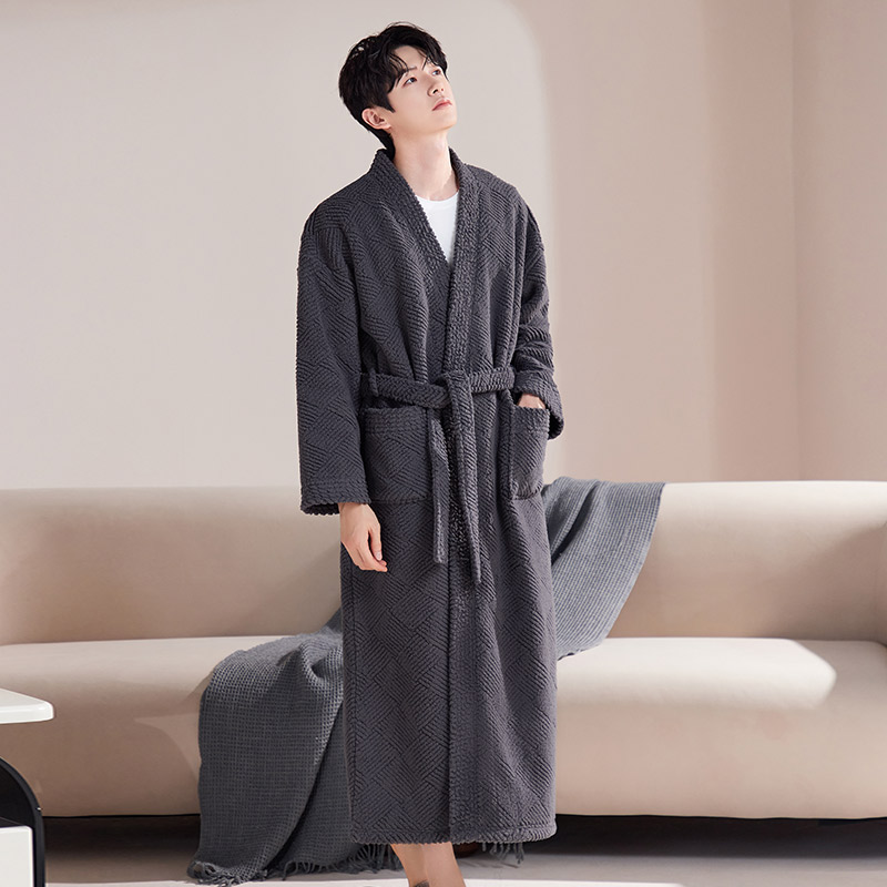 睡袍男秋冬款半边绒家居服加绒加厚珊瑚绒睡衣男大码晨袍保暖长袍