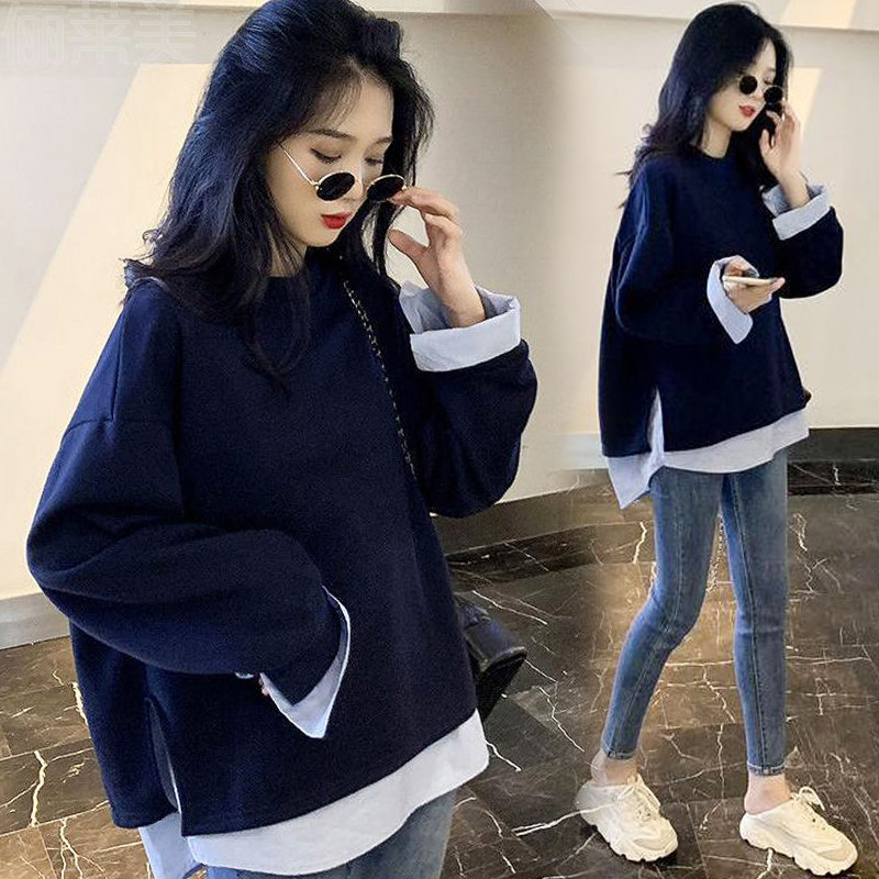 출산 가을 정장 인터넷 연예인 패션 가을 겨울 긴팔 한국 스타일 느슨한 스웨터 여성용 가짜 투피스 중간 길이 탑