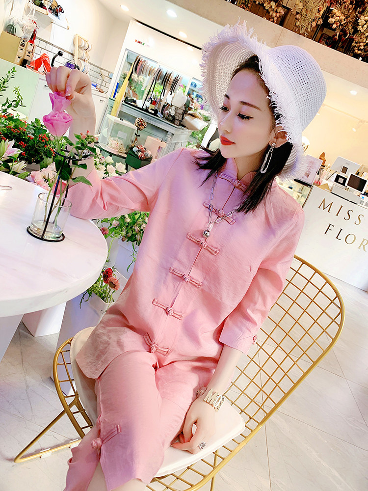 冰丝麻唐装两件套套装女2022夏季新款立领盘扣外套七分裤汉服韩版