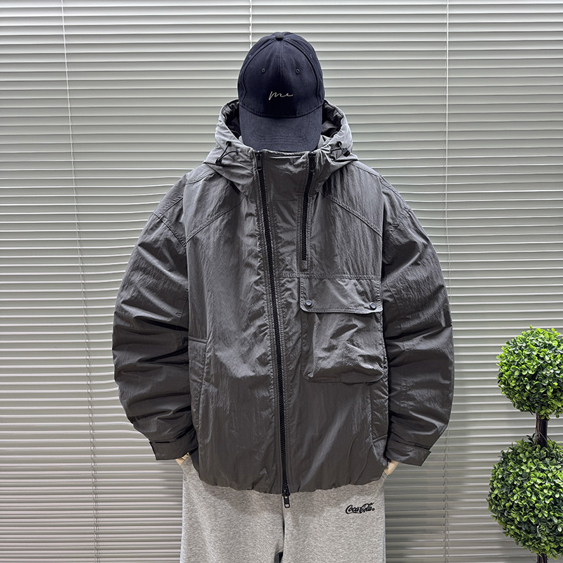 羽绒服男士90绒保暖外套25年冬季新款带帽上衣纯色口袋宽松白鸭绒