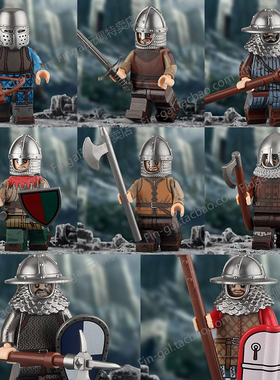 V1006中古中世纪民兵战士盔甲骑士枪兵士兵积木拼装人仔玩具