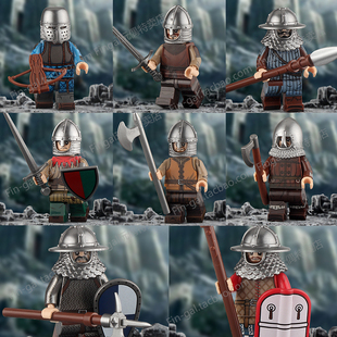 V1006中古中世纪民兵战士盔甲骑士枪兵士兵积木拼装人仔玩具