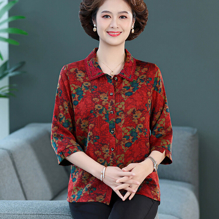 女装法式新款上市常规女士精品衬衫917七分袖翻领单排多扣碎花25