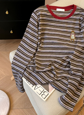 小C家 撞色圆领条纹长袖T恤女2026新款春季休闲宽松小熊刺绣上衣