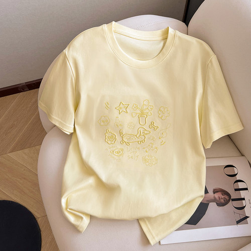 小C家设计感卡通小狗刺绣圆领上衣女2026夏季减龄正肩修身短袖T恤