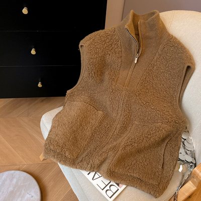 拉链休闲立领圈圈纱针织马甲女冬