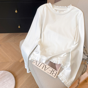 小C家拼接木耳边打底衫女内搭冬2025新款韩系穿搭加绒套头长袖T恤