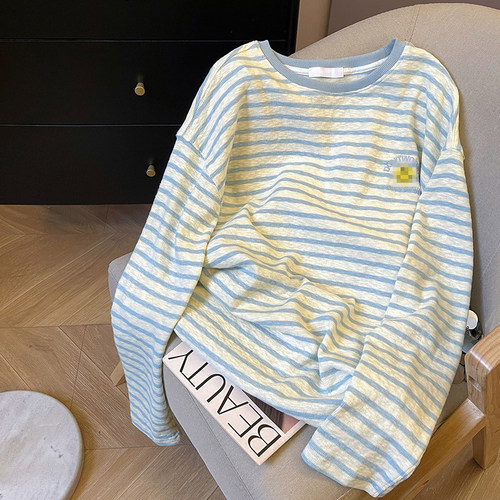 小C家撞色条纹笑脸刺绣打底衫女2025春季新款休闲慵懒宽松长袖T恤
