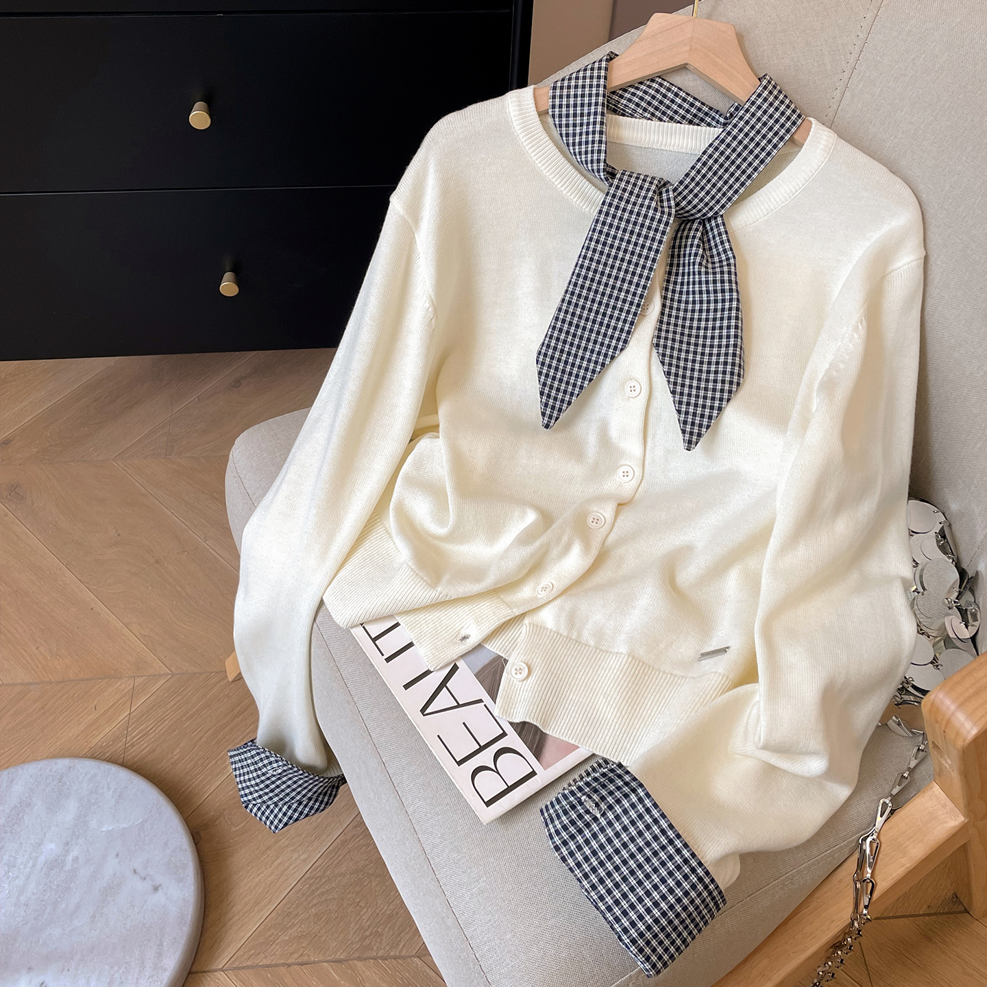 针织圆领开衫拼接上衣女2025新款