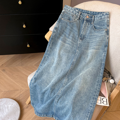 中长款直筒休闲后开叉牛仔半身裙