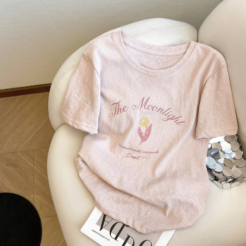 短袖休闲钉珠印花棉T恤女夏新款