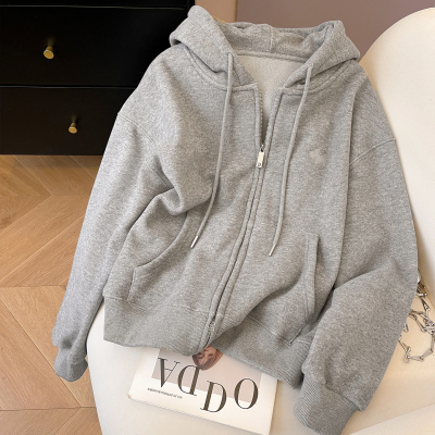 加绒宽松休闲连帽拉链开衫卫衣女