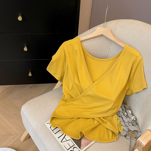 小C家纯欲后背交叉露背设计感短袖T恤女夏季新款气质收腰显瘦上衣