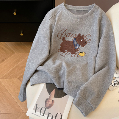 加绒宽松休闲刺绣小狗卫衣女新款