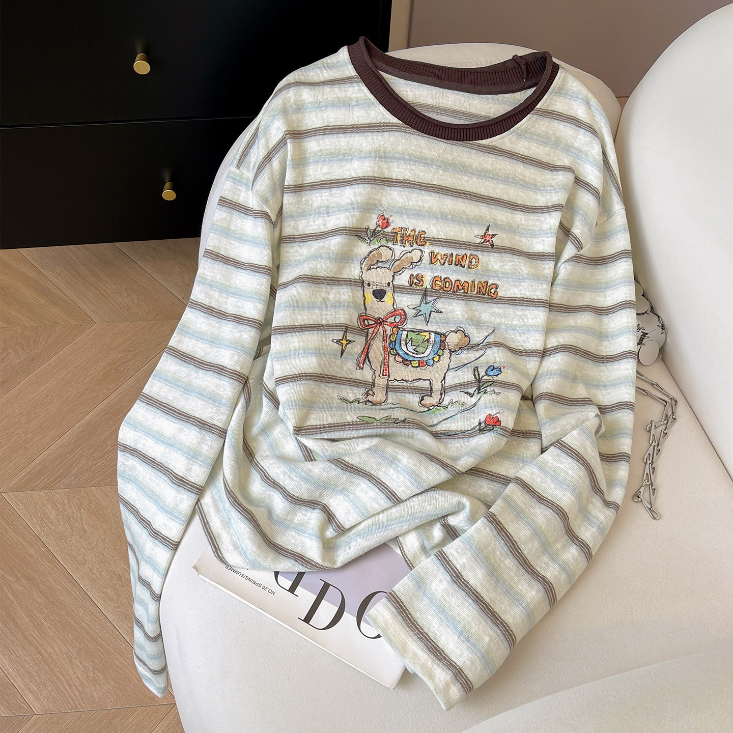长袖韩系复古童趣印花条纹T恤女图片