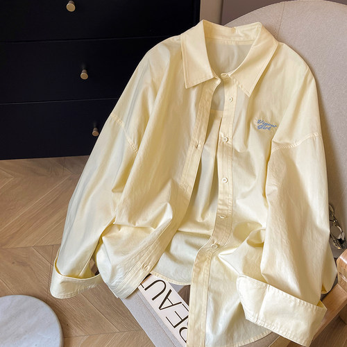 宽松韩版单排扣长袖纯棉刺绣衬衫