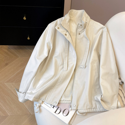 休闲纯棉系带立领风衣夹克外套女