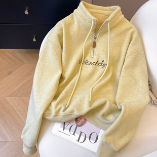 小C家 立领半拉链卫衣女2025新款秋冬加绒宽松落肩袖字母刺绣上衣