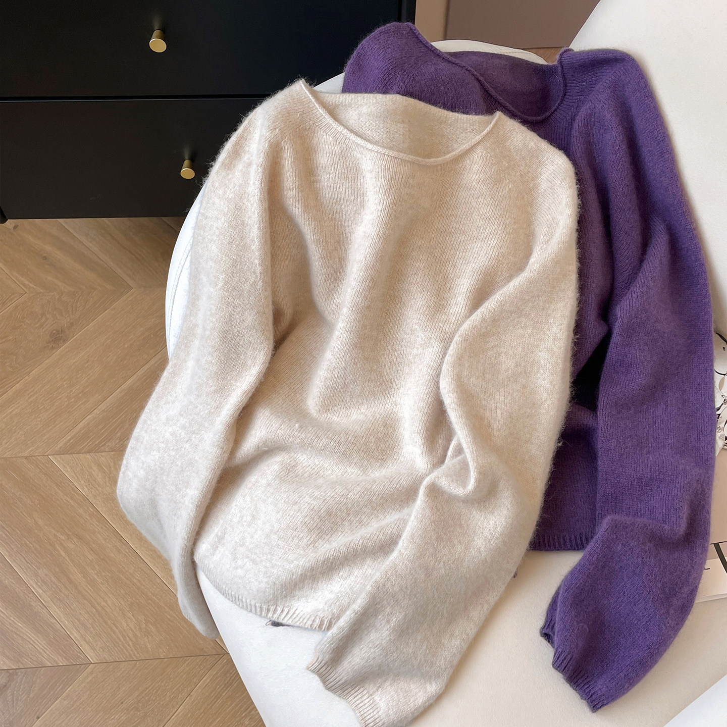 小C家 卷边圆领毛衣女款2025新款秋宽松慵懒风软糯针织衫羊毛上衣,女装/女士精品,毛衣,淘宝优惠券,粉丝福利购,淘宝优惠卷